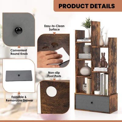 Costway Industrial Bookshelf Rustic Wooden Shelf Organizer With Non-woven Fabric Drawer - Image 8