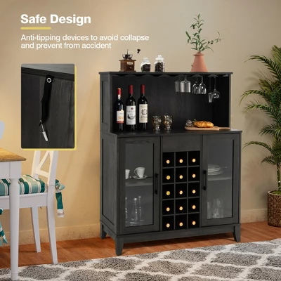 Costway 2-Door Buffet Bar Cabinet Kitchen Storage Sideboard Wine Rack Glass Holder GreyBlack - Image 5