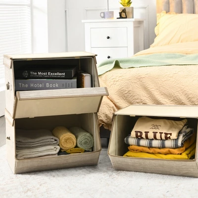 Costway Stackable Large Bins Cubes W/Lids Storage Organizers W/Linen&Oxford Fabric 4 Sets - Image 2