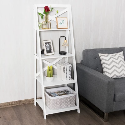 Costway 4-Tier Ladder Shelf Bookshelf Bookcase Storage Display Plant Leaning Shelf White - Image 6