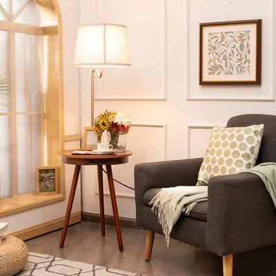 Costway End Table Lamp Bedside Nightstand Lighting With Wireless Charger NaturalCoffee - Image 2