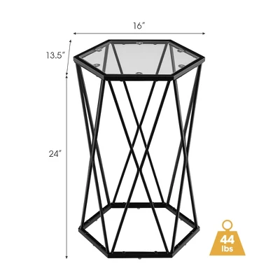 Costway End Table Tempered Glass Top Metal Frame Hexagonal Accent Side Table Living Room - Image 3