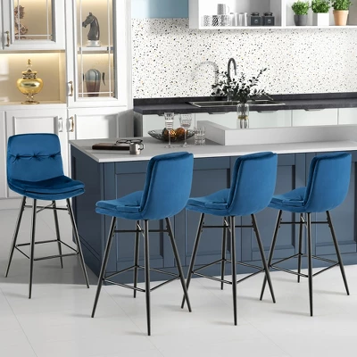 Costway Set Of 2 Velvet Bar Stools Bar Height Kitchen Dining Chairs With Metal Legs Blue/Grey - Image 4