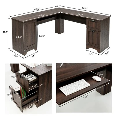 Costway L-Shaped Corner Computer Desk Writing Table Study Workstation Drawers BlackBrown - Image 3