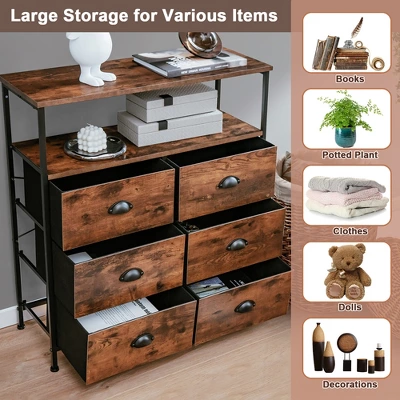 Costway 6-Drawer Dresser 2-Tier Fabric Storage Tower W/wooden Top Chest Organizer Unit - Image 2