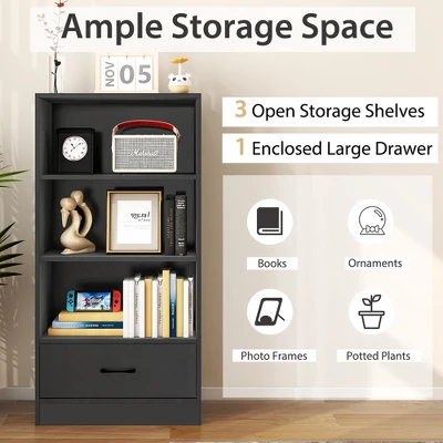 Costway 4-Tier Bookcase 48'' Display Bookshelf Storage Organizer With Shelves & Drawer Grey/White/Natural - Image 5