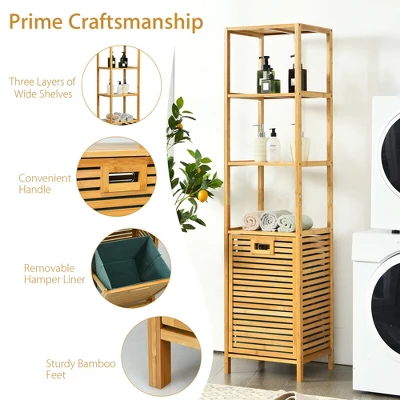 Costway Bathroom Tilt-out Laundry Hamper Bamboo Tower Hamper W/3-Tier Shelves - Image 8