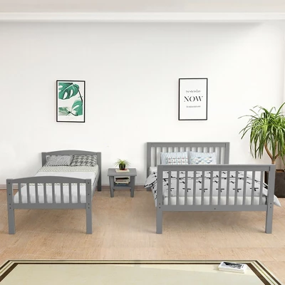 Costway Twin Over Full Bunk Bed Rubber Wood Convertible With Ladder Guardrail - Image 3