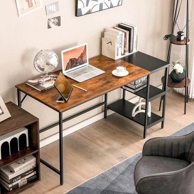 Costway 55'' Computer Desk Writing Workstation Study Table Home Office With Bookshelf Black/Rustic