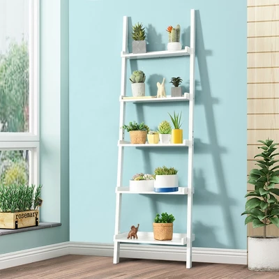 Costway Versatile White 5-Tier Bookshelf Leaning Wall Shelf Ladder Bookcase Storage Display Furni - Image 7