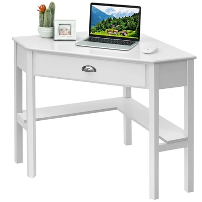 Costway Triangle Computer Desk Corner Office Desk Laptop Table W/ Drawer Shelves Rustic White - Image 8