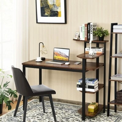 Costway Computer Desk Writing Study Table With Storage Shelves Home Office Rustic Brown - Image 2