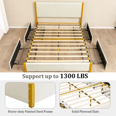 Costway FullQueen Size Upholstered Bed Frame Wooden Slatted Adjustable Headboard 4 Drawers - Image 8