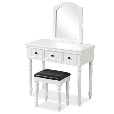 Costway Vanity Table Set Makeup Desk Cushioned Stool 3 Drawer Large Mirror White/Walnut - Image 9