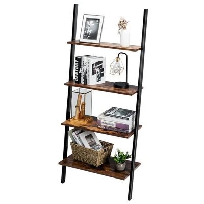 Costway Industrial Ladder Shelf 4-Tier Leaning Wall Bookcase Plant Stand Rustic Black/Brown - Image 11