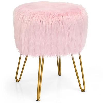 Costway Faux Fur Vanity Chair Makeup Stool Furry Padded Seat Round Ottoman Pink/White - Image 10