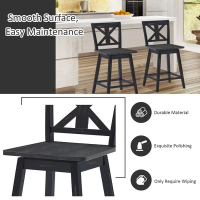 Costway Set Of 2 Bar Stools Swivel Counter Height Chair W/ Solid Wood Legs WhiteBlack - Image 3