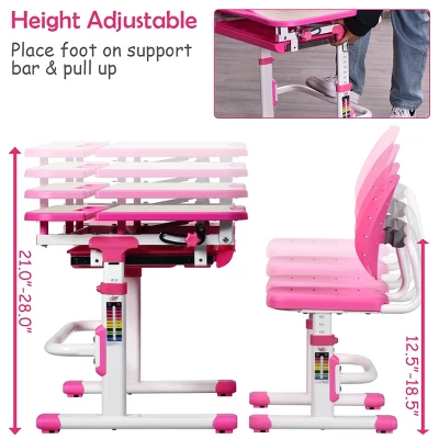 Costway Children Desk Chair Set Adjustable Study Table Drawer Winged Backrest Chair - Image 4