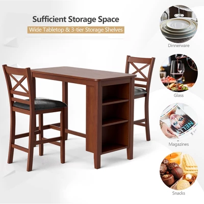 Costway 3PCS Pub Dining Table Set W/ Storage Shelves&2 Upholstered Chairs Walnut - Image 5