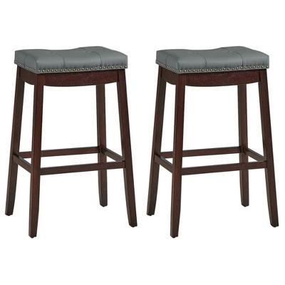 Costway Set Of 2 Nailhead Saddle Bar Stools 29'' Pub Chairs With Rubber Wood Legs Brown/White - Image 9