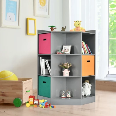 Costway 3-Tier Kid Storage Shelf Cubes W/3 Baskets Corner Cabinet Organizer Gray - Image 2