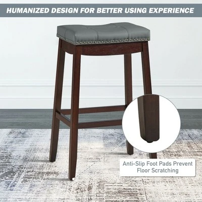 Costway Set Of 2 Nailhead Saddle Bar Stools 29'' Pub Chairs With Rubber Wood Legs Brown/White - Image 7