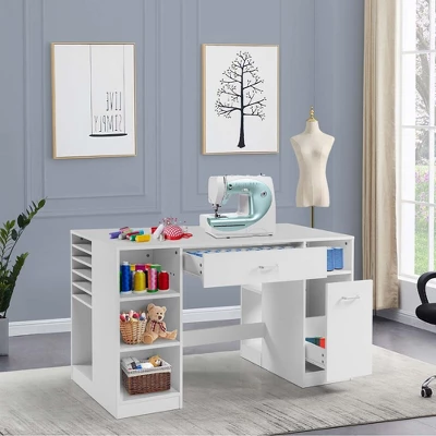 Costway Sewing Craft Table Home Office Computer Desk W/ Storage Shelves & Drawer - Image 2