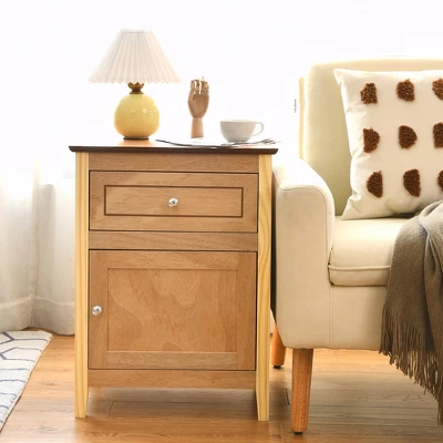 Costway 2PCS Nightstand With Drawer Accent Side End Table Storage Cabinet WhiteNatural - Image 2