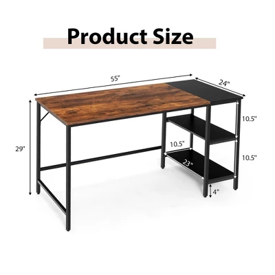 Costway 55'' Computer Desk Writing Workstation Study Table Home Office With Bookshelf Black/Rustic - Image 3