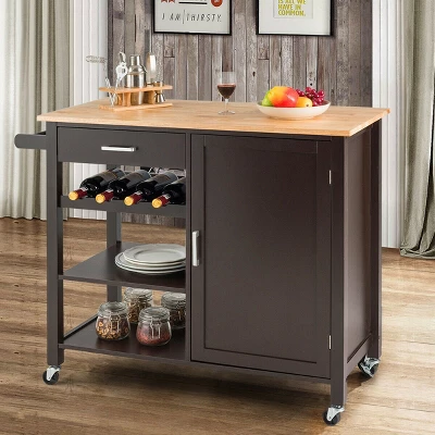 Costway 4-Tier Wood Kitchen Island Trolley Cart Storage Cabinet Brown - Image 2