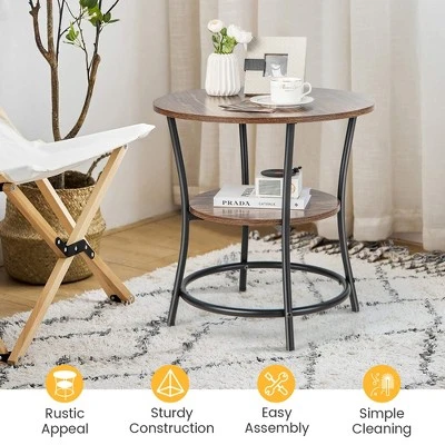 Costway 2 PCS 2-Tier Sofa Side End Table Round Nightstand With Sturdy Metal Frame Brown/Oak - Image 4