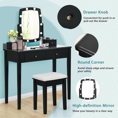 Costway Vanity Table Set With Lighted Mirror Adjustable 10 Bulbs Dresser 4 Drawer - Image 6