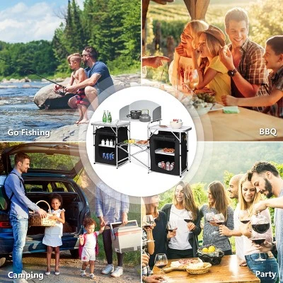 Costway Folding Portable Aluminum Camping Grill Table W/ Storage Organizer Windscreen Black - Image 3