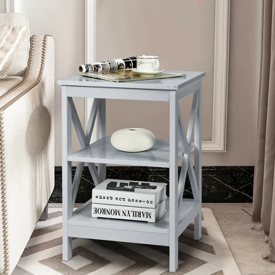 Costway 3-Tier Nightstand End Table X Design Storage Display Shelf Living Room Grey - Image 2