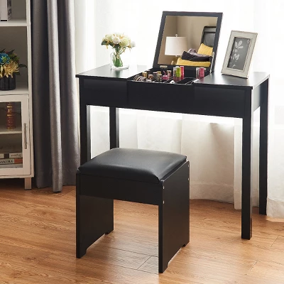 Costway Black Vanity Dressing Table Furniture Stool Storage Box - Image 6