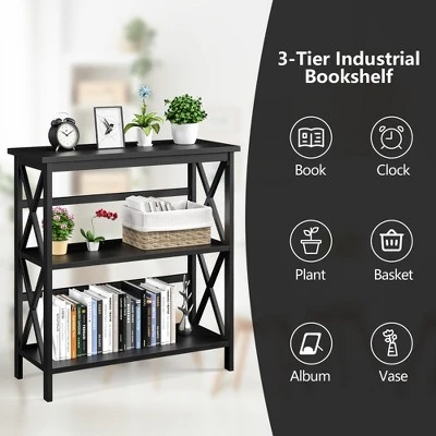 Costway 3-Tier Bookshelf Wooden Open Storage Bookcase For Home Office WhiteBlackCoffeeNatural - Image 3