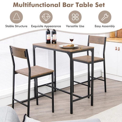 Costway 3PCS Bar Table Set Industrial Counter Height Dining Table Set W/2 Stools - Image 5