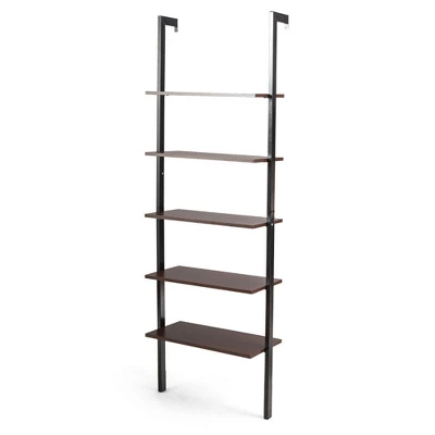 Costway 5-Tier Ladder Shelf Wood Wall Mounted Display Bookshelf Metal Frame Brown & Black/Brown & White/Bronze - Image 10