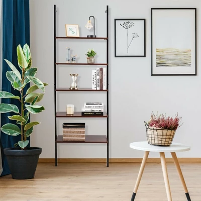 Costway 5-Tier Ladder Shelf Wood Wall Mounted Display Bookshelf Metal Frame Brown & Black/Brown & White/Bronze - Image 2