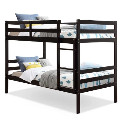 Costway Twin Over Twin Wood Bunk Beds Ladder Safety Rail EspressoWhite - Image 10