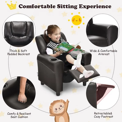 Costway Kids Recliner Chair PU Leather Armrest Sofa W/Footrest Cup Holder BeigeBrown - Image 5