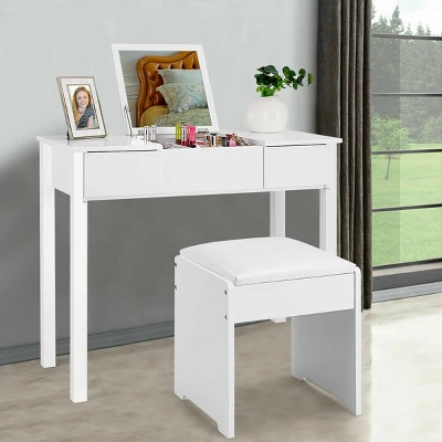 Costway White Vanity Dressing Table Furniture Stool Storage Box - Image 6