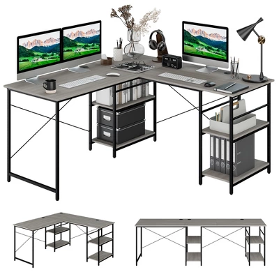 Costway 95'' Convertible L-shaped Corner Computer Desk 2-Person Long Desk Shelves Rustic/Black/Grey/Natural - Image 12