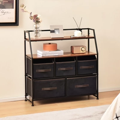 Costway 5-Drawer Storage Dresser Organizer Unit With Fabric Bin For Living Room Bedroom - Image 3