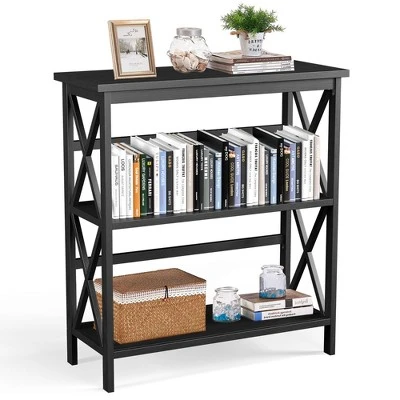 Costway Wooden Shelf Bookcase 3-Tier Open Bookshelf W/X-Design Freestanding Rack BlackBrownNaturalWhite - Image 12