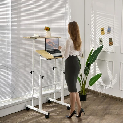 Costway Mobile Standing Desk Rolling Adjustable Laptop Cart Home Office WalnutNatural - Image 3