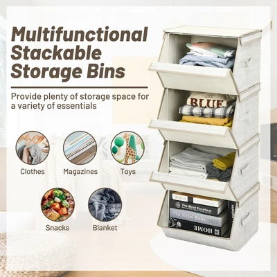 Costway Stackable Large Bins Cubes W/Lids Storage Organizers W/Linen&Oxford Fabric 4 Sets - Image 3