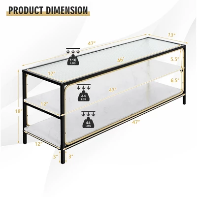 Costway 3-Tier TV Stand Entertainment Center For TV's Up To 50'' W/ Tempered Glass Top - Image 3