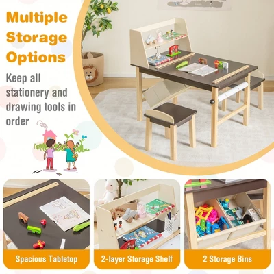 Costway Kids Art Table & Chairs Set Wooden Drawing Desk With Paper Roll Storage Shelf Bins - Image 5