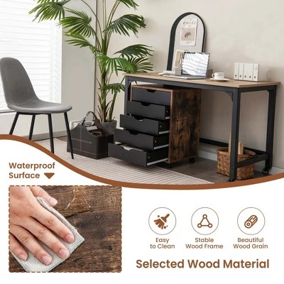 Costway 5 Drawer Chest Storage Dresser Floor Cabinet Organizer With Wheels Rustic Brown - Image 8